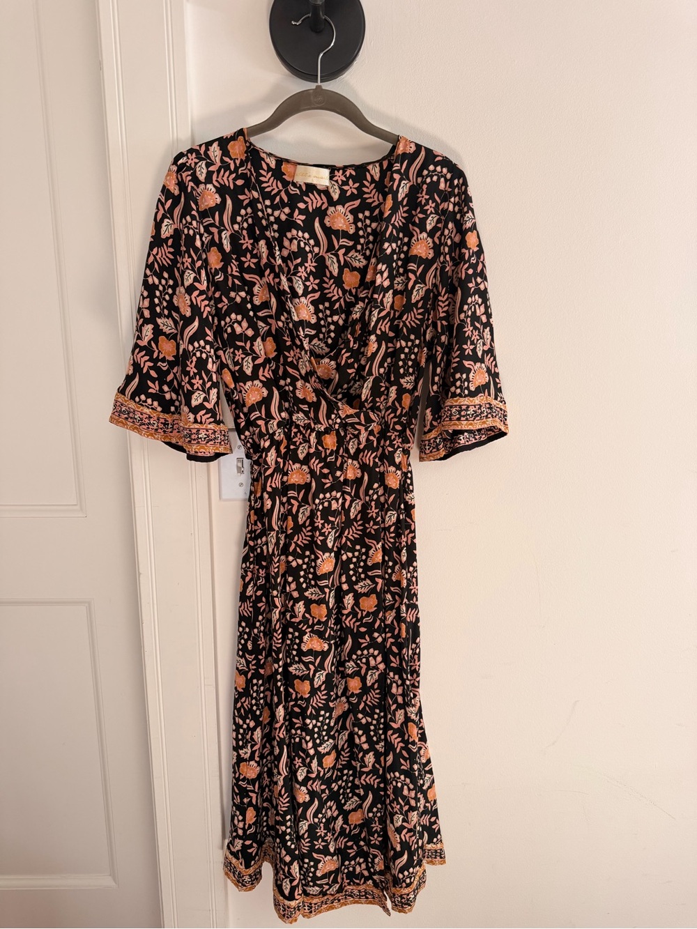 Natalie Martin Black Midi Dress with Peach Floral Print